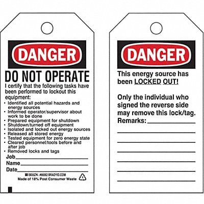 Danger Tag 5-3/4 x 3 In OSHA 3/8 In PK25