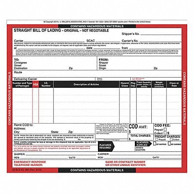 Hazmat Bill of Lading Forms Hazmat PK250