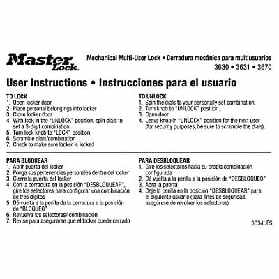 Master Lock Instruction Sticker PK10