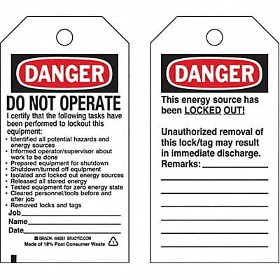 Lockout Tag 5-3/4 H 3 W Paper PK25