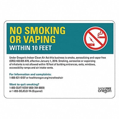 No Smoking Sign 10x7in Rflctv Sheet PK2