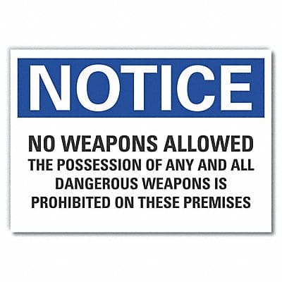 No Weapons Notice Label 5x7in Polyester