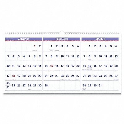 Wall Calendar 3 Month 23-1/2 x 12 In