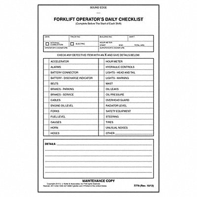 Forklift Inspection Book Paper Canary